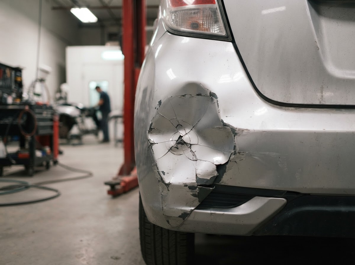 Car bumper with a dent and crack from a low-speed impact