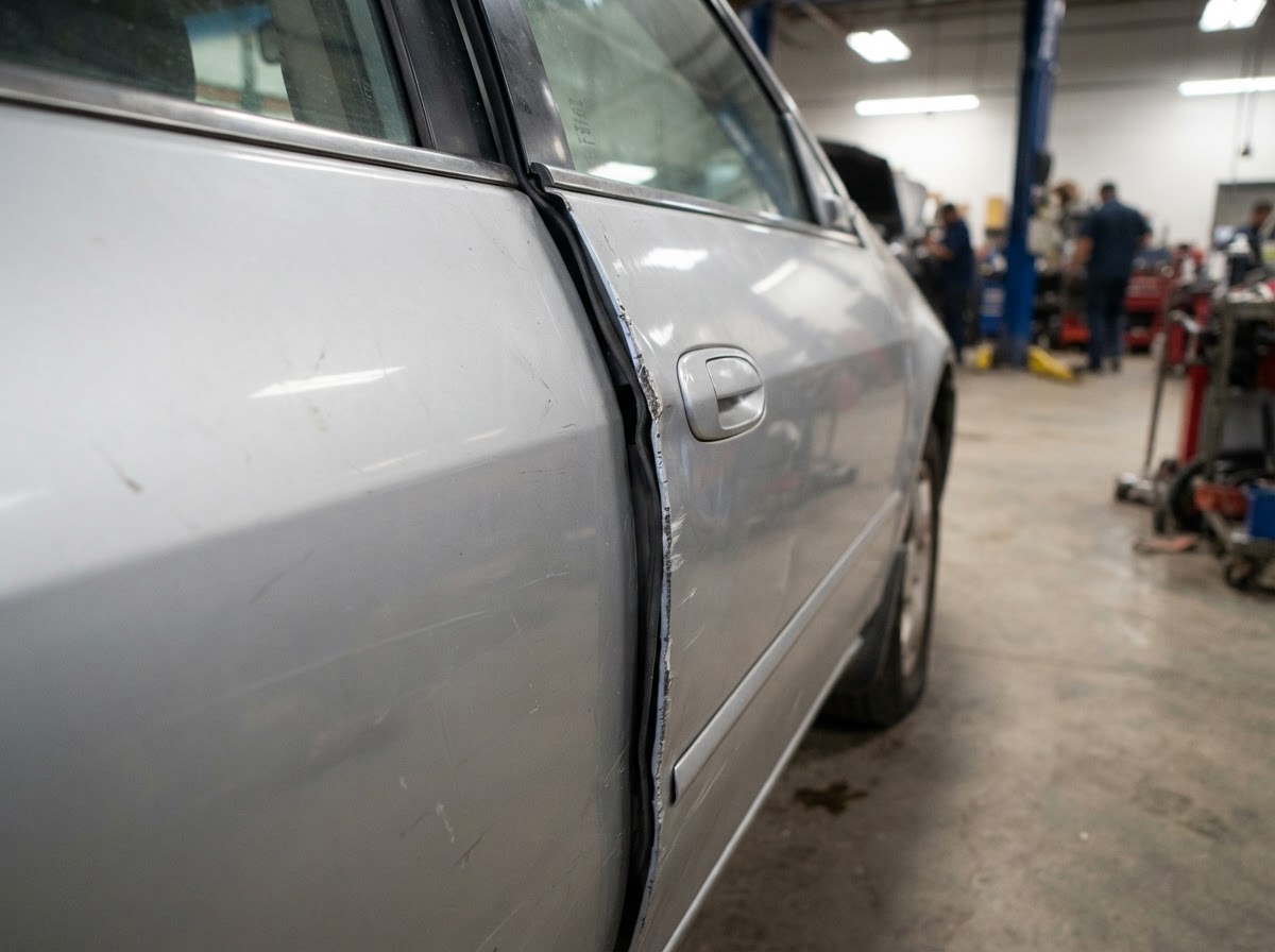 Car door with uneven misaligned panel gaps after a collision