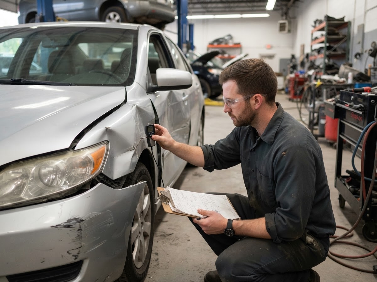 Auto body technician inspecting vehicle structure with a measuring tool