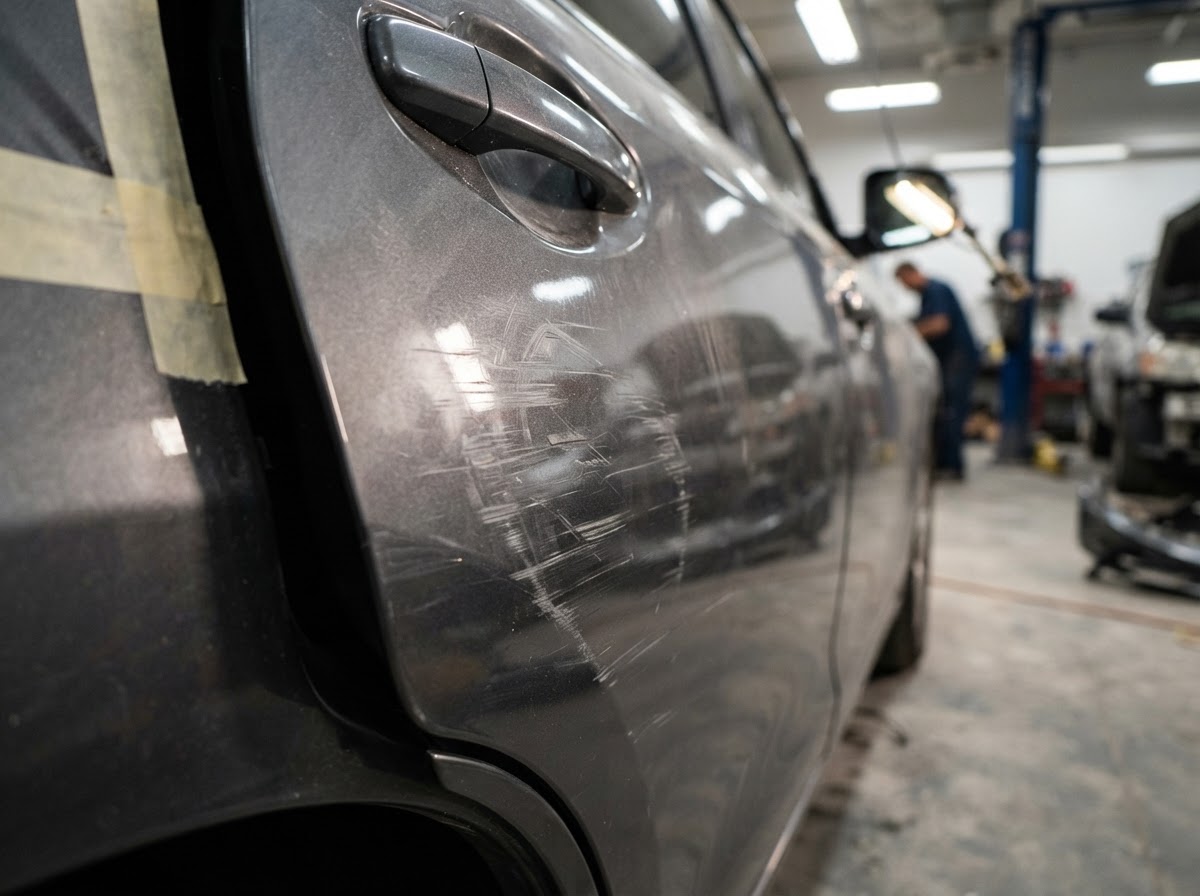 Car door with visible paint scratches and scuff marks
