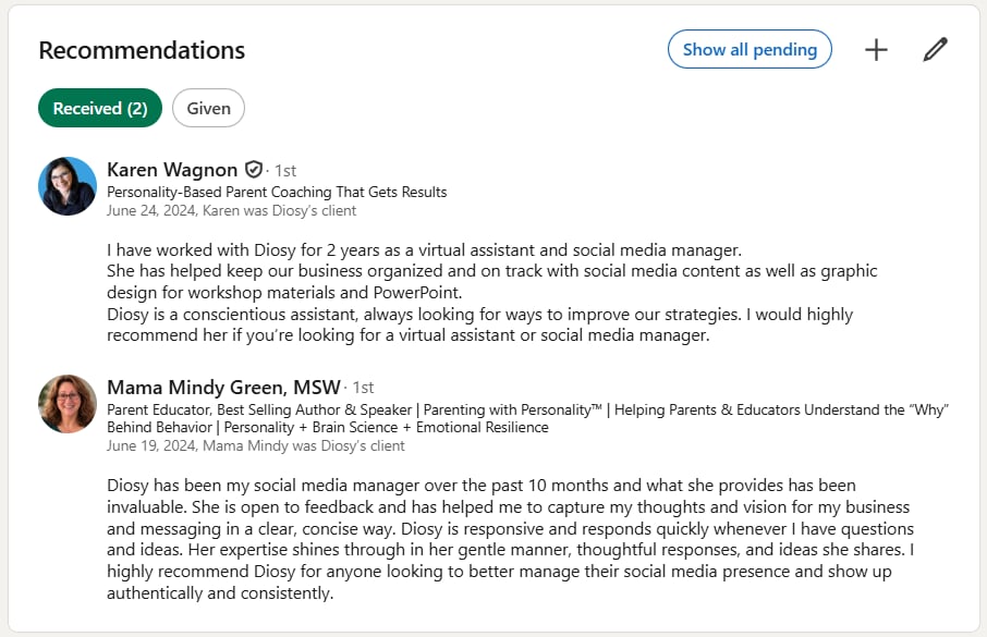 Client recommendations for Diosy on LinkedIn from Karen Wagnon and Mama Mindy Green