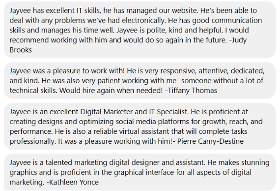 Client recommendations for Jayvee from Judy Brooks, Tiffany Thomas, Pierre Camy-Destine, and Kathleen Yonce