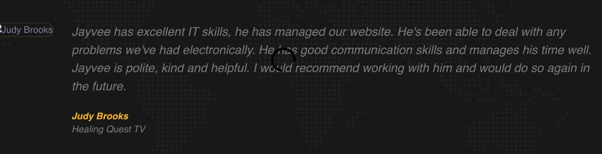 Client recommendation for Jayvee from Judy Brooks at Healing Quest TV
