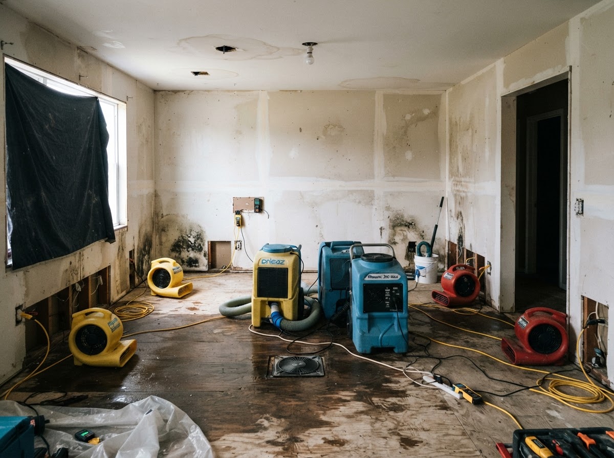 Commercial dehumidifiers and axial air movers arranged across a water-damaged room