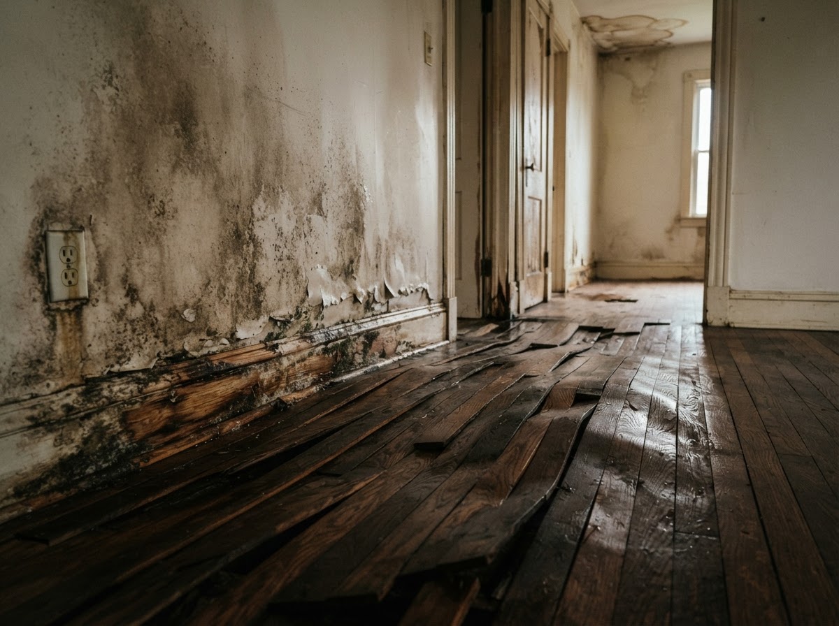 Water-damaged interior with warped hardwood flooring and stained drywall
