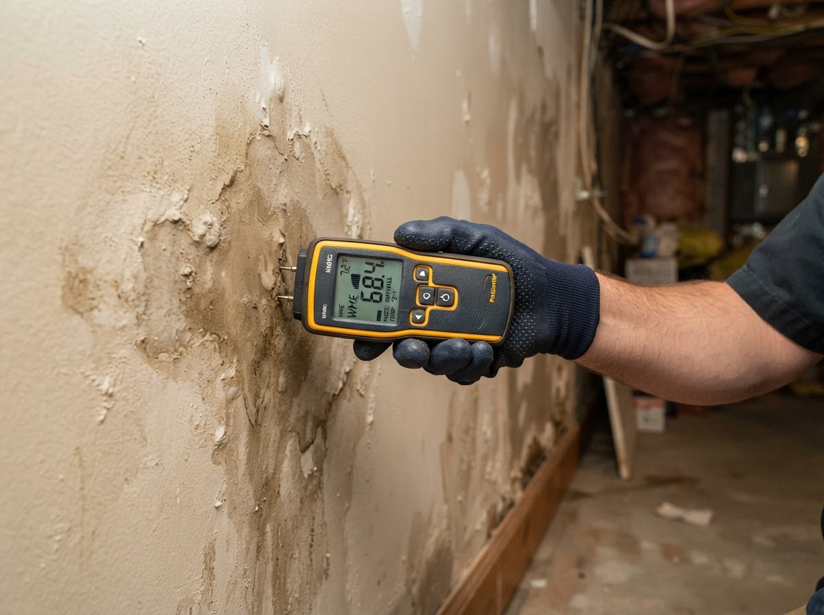 Moisture meter pressed against a water-stained drywall wall during a damage inspection