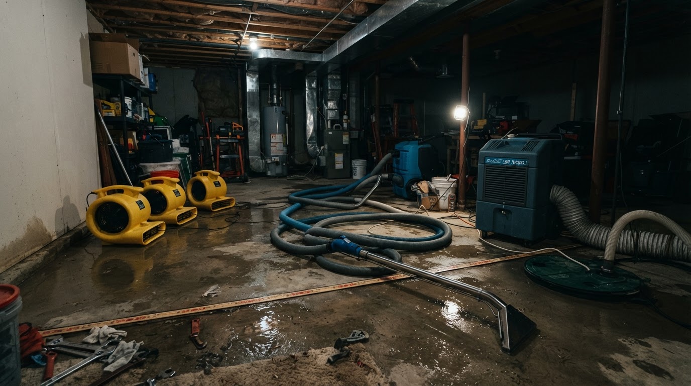 Professional water damage restoration equipment — air movers and dehumidifiers set up in a residential basement