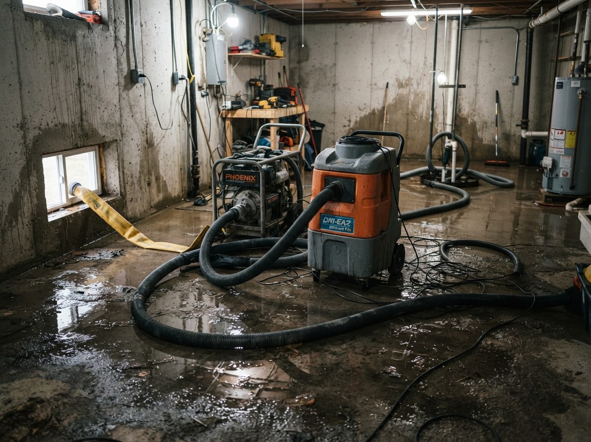 Industrial water extraction vacuum and pump equipment in a flooded utility room