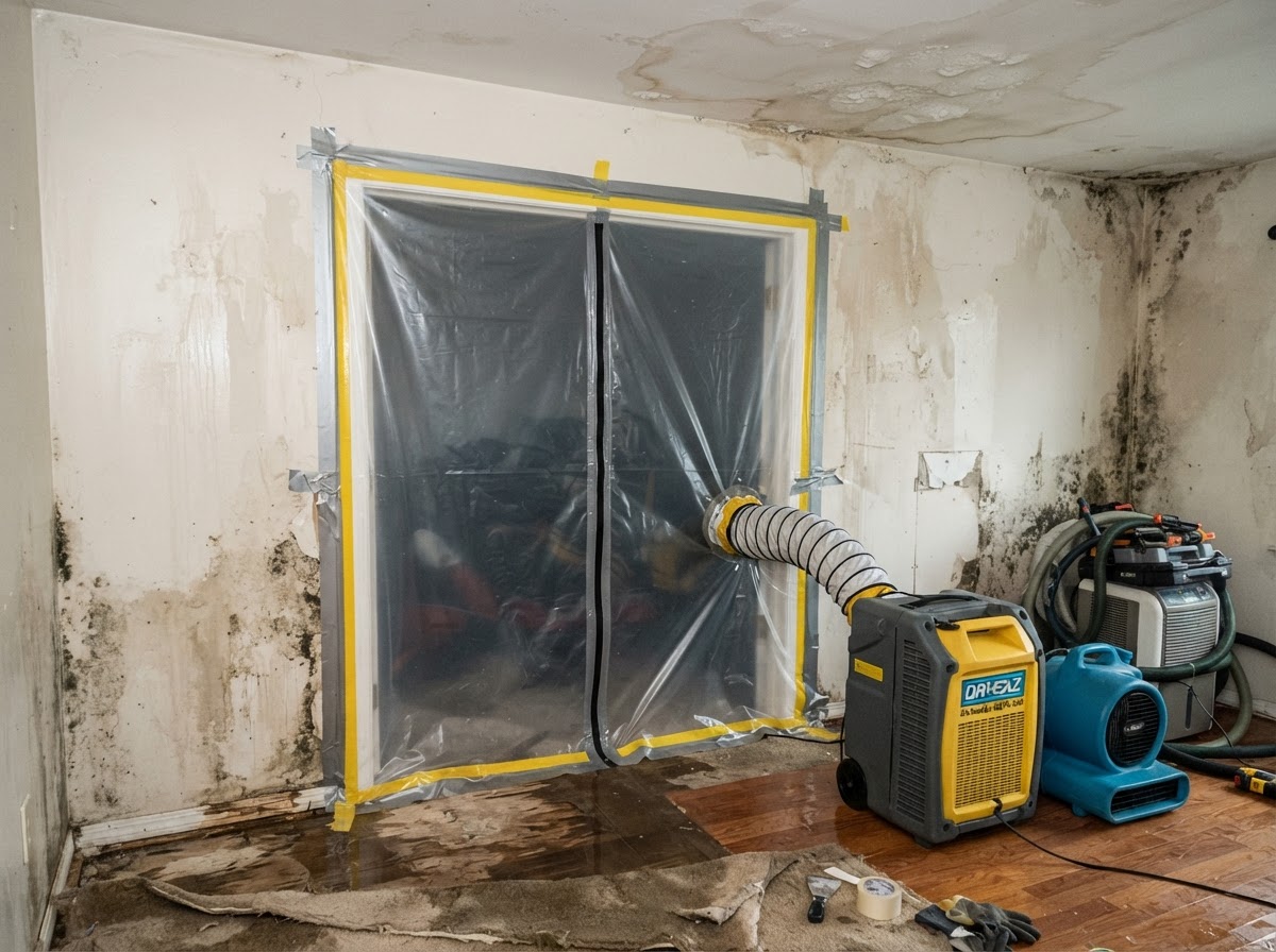 Containment plastic sheeting and air scrubber set up in a water-damaged room