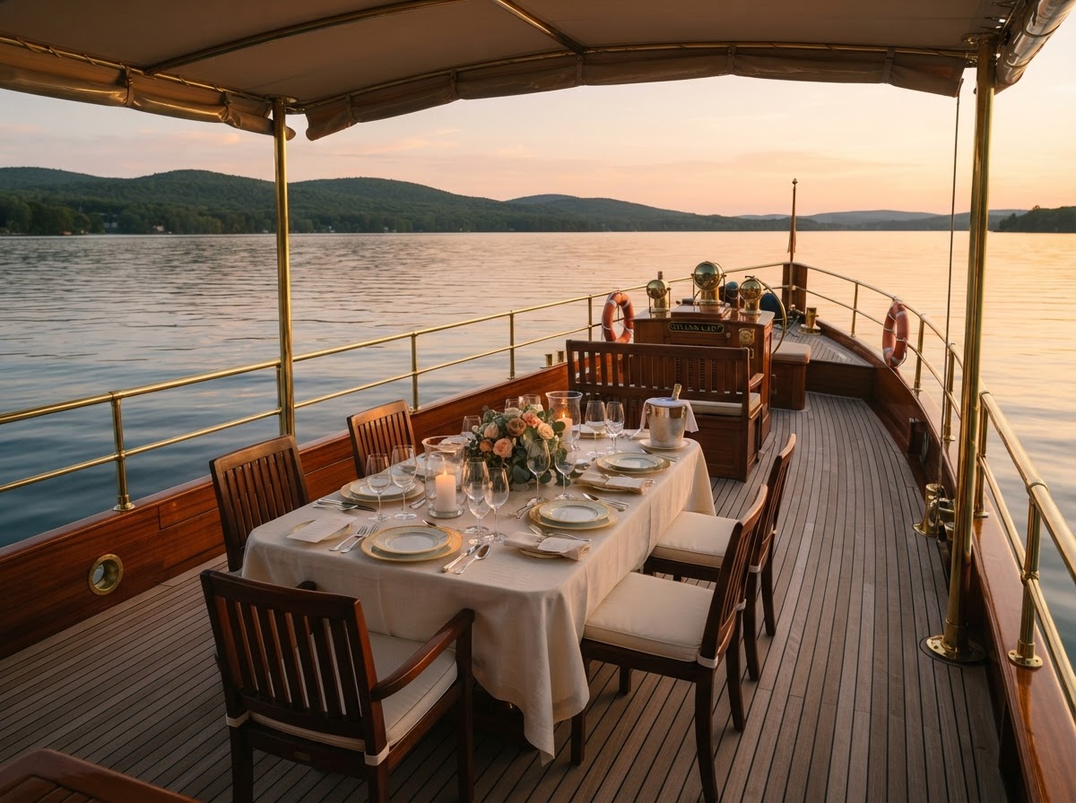 Belle upper deck set for dinner at sunset