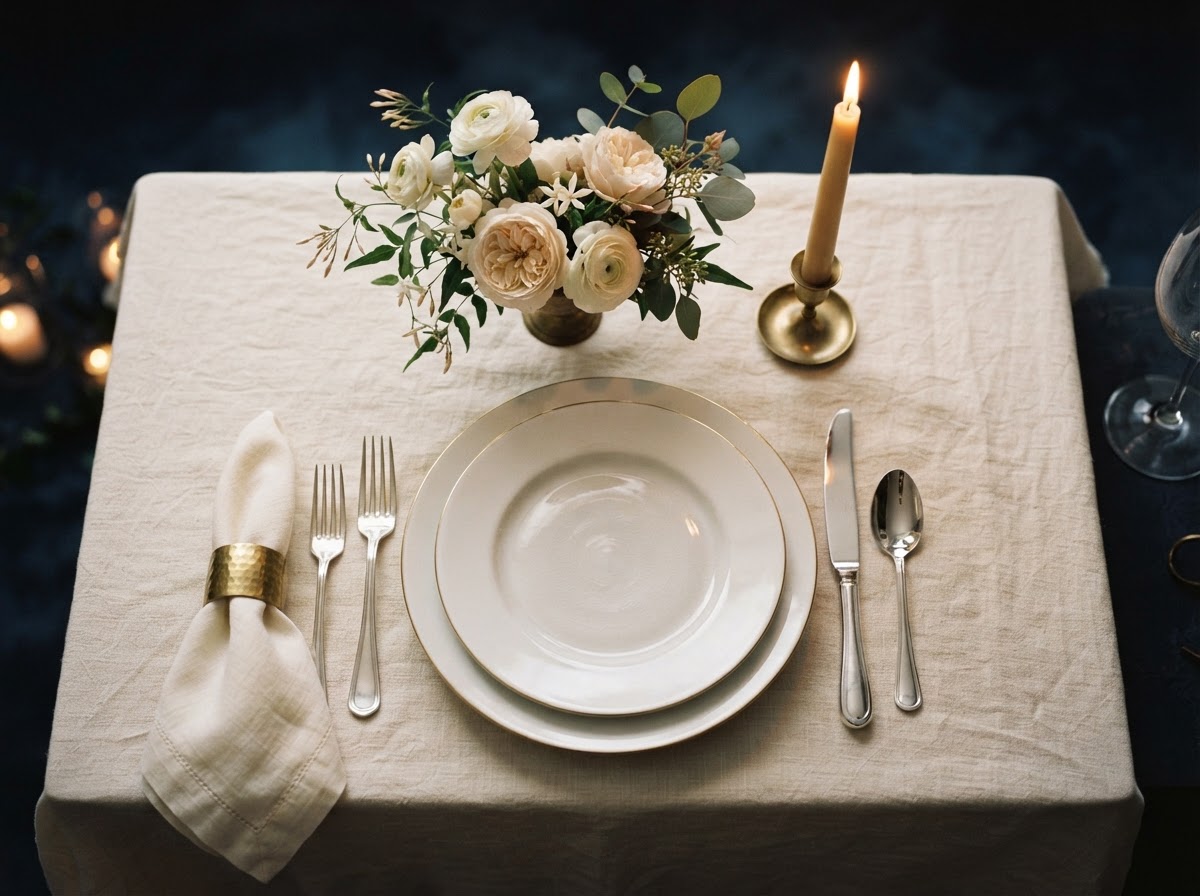Elegant place setting on ivory linen with fine china, brass napkin ring, and a lit taper