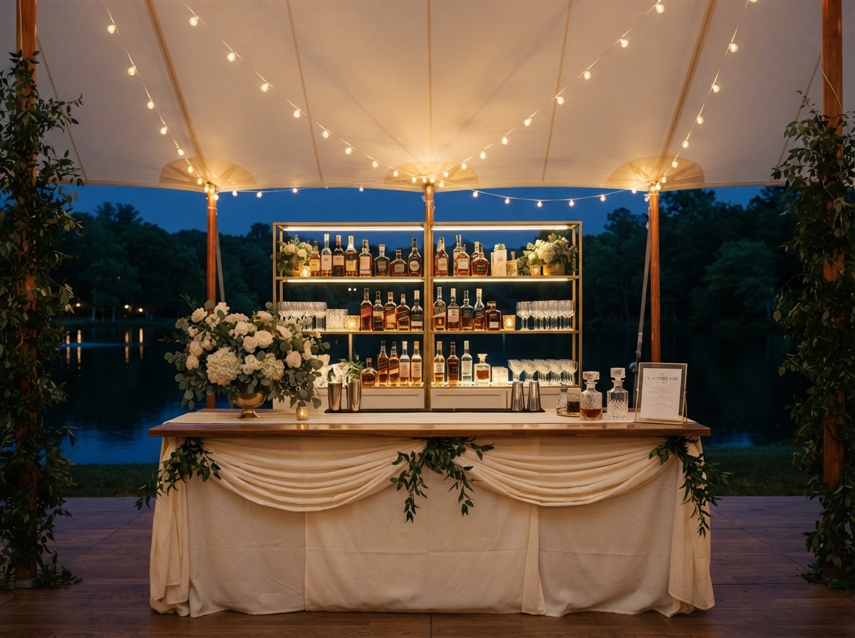 Tented bar with brass shelving at evening