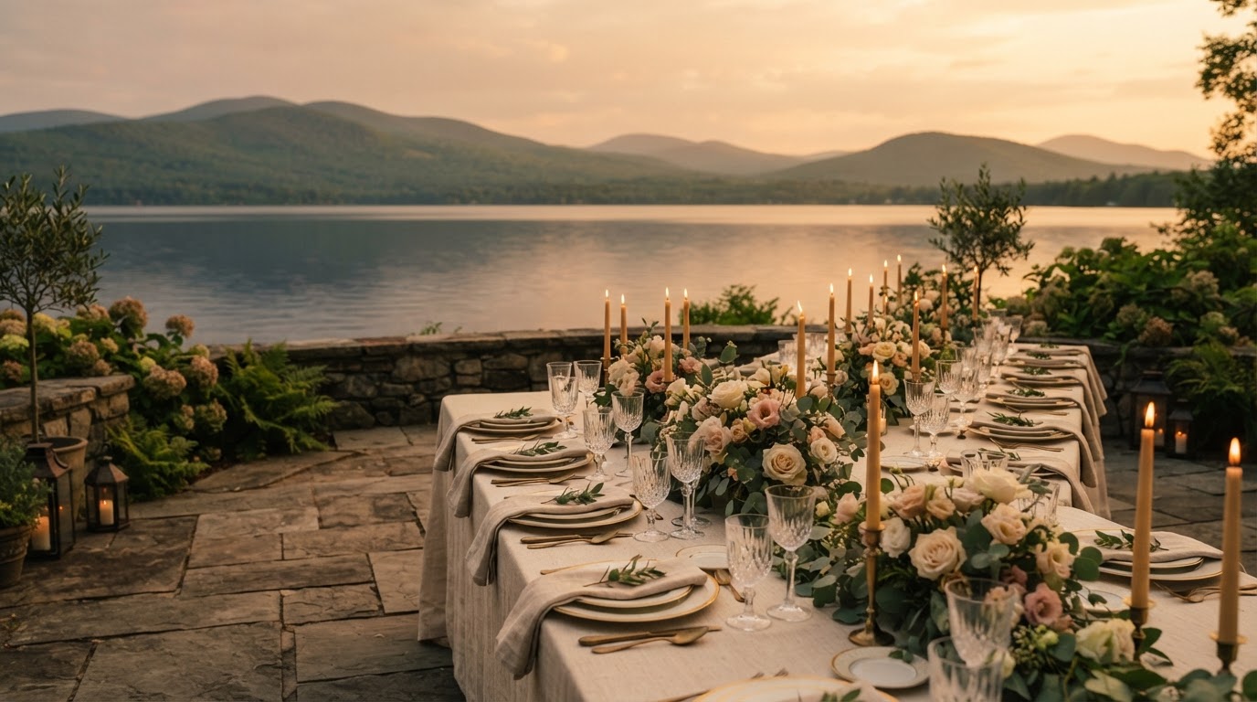 Linen tables set for dinner on a terrace opening onto Lake Memphremagog at golden hour