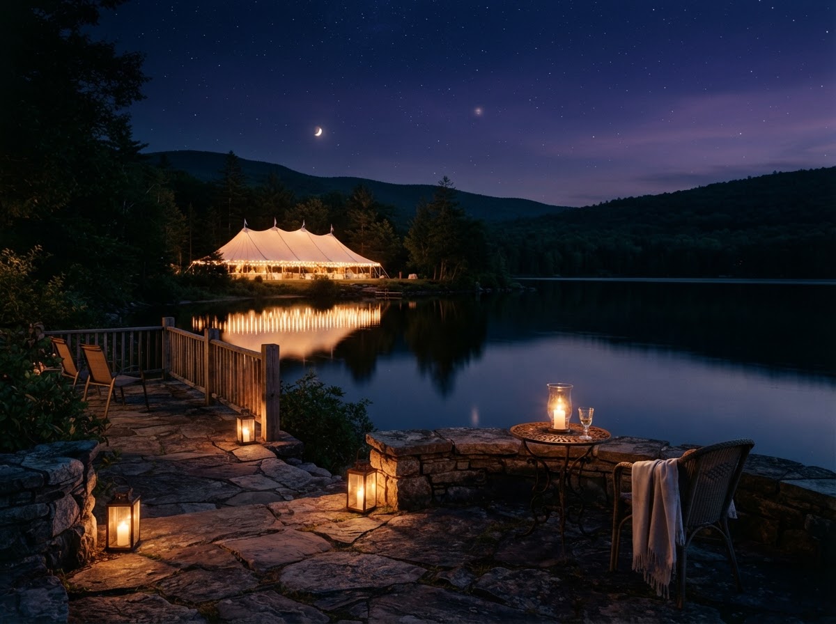 Night on the shore with glowing tent