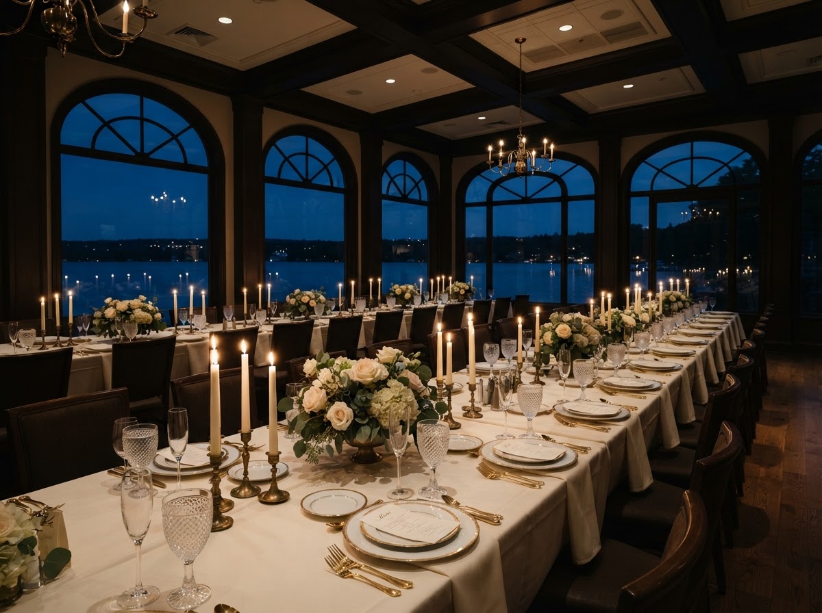 The dining room, seated dinner with the lake at your shoulder