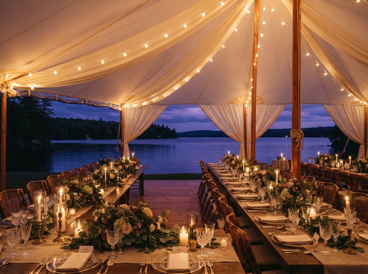 The sailcloth tent on the shore at dusk