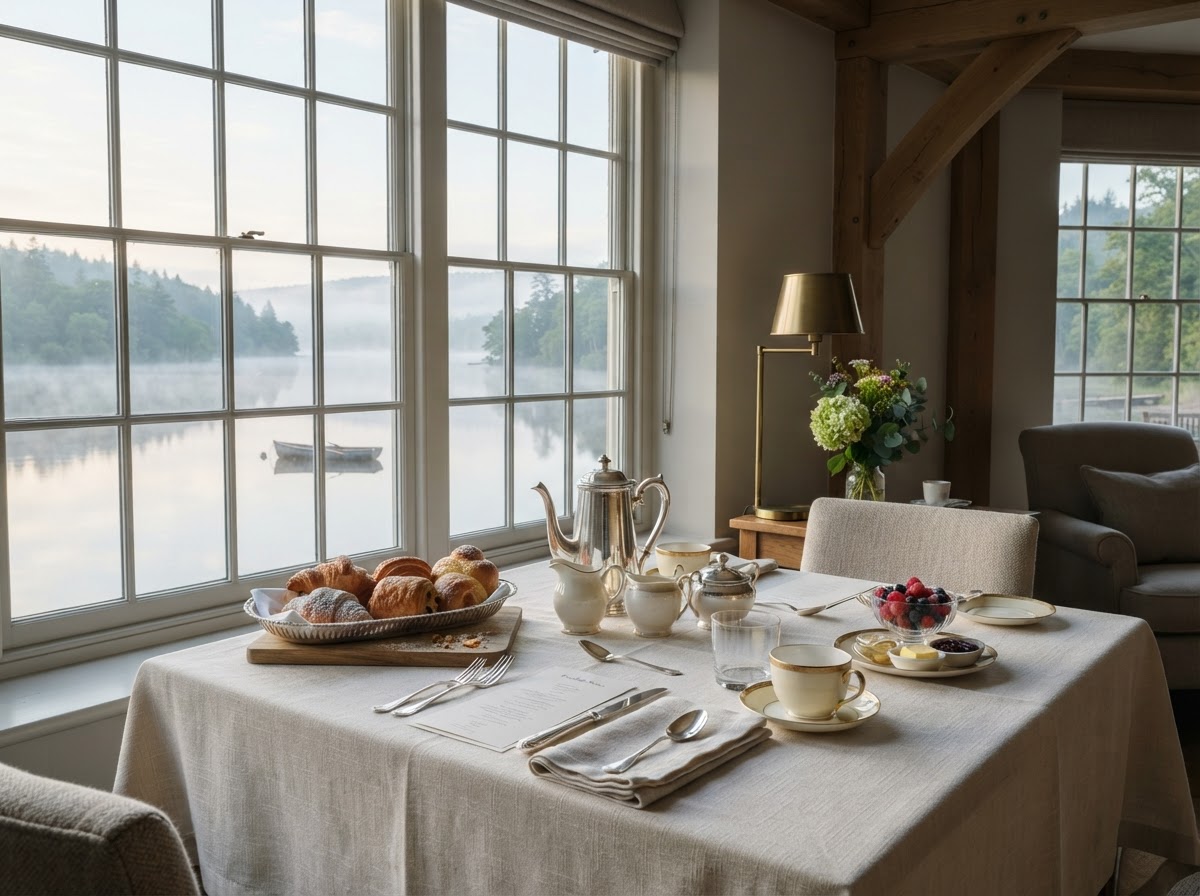Breakfast table for houseguests by the lake