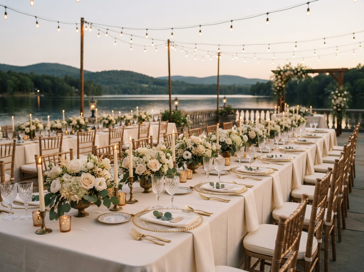 Tables of ten dressed in ivory linen