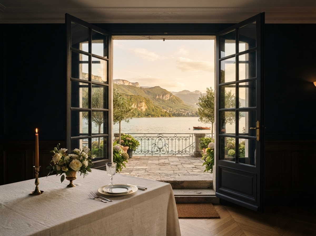 Open French door from the dining room onto the terrace and lake at golden hour