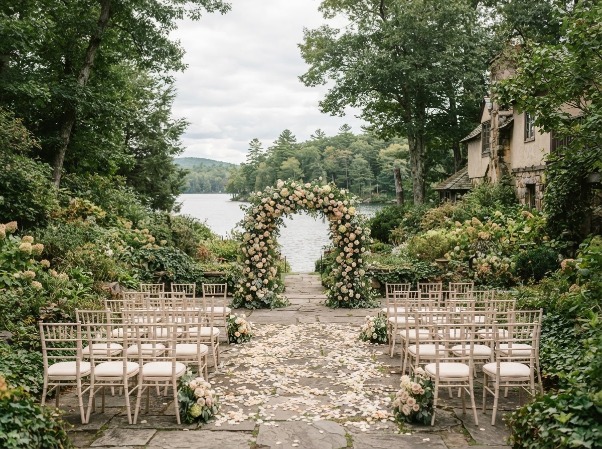 Garden courtyard set for a ceremony with floral arch and aisle