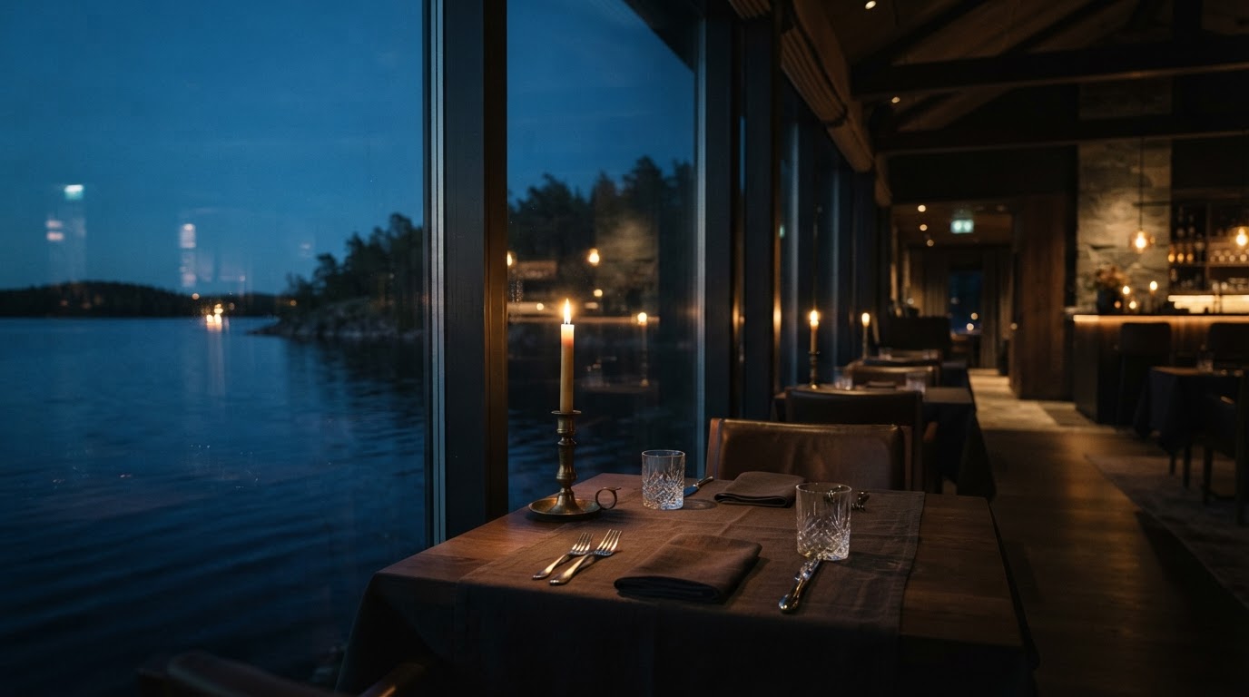 Candlelit dining room at Le Belvedere overlooking Lake Memphremagog at dusk