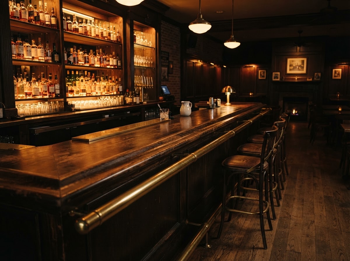 Dim tungsten-lit tavern bar with a brass rail and aged wood top
