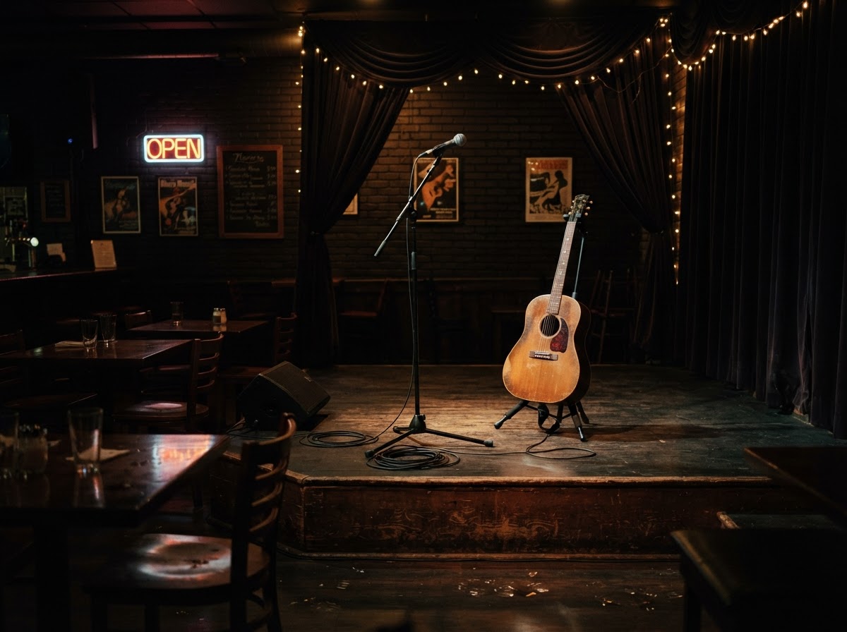 Small dim tavern stage with a microphone and guitar stand