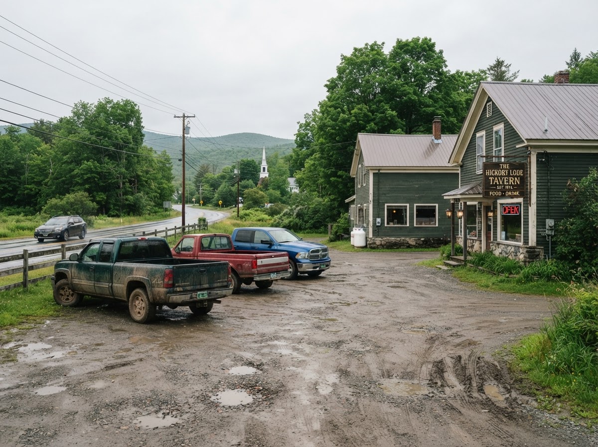 Tavern parking lot in summer with pickup trucks and mud