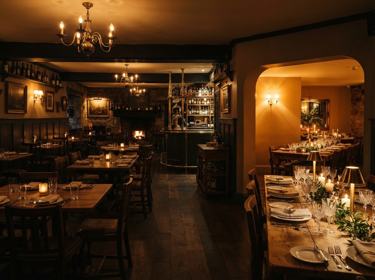 Dim warm tavern dining room with tables set for a party