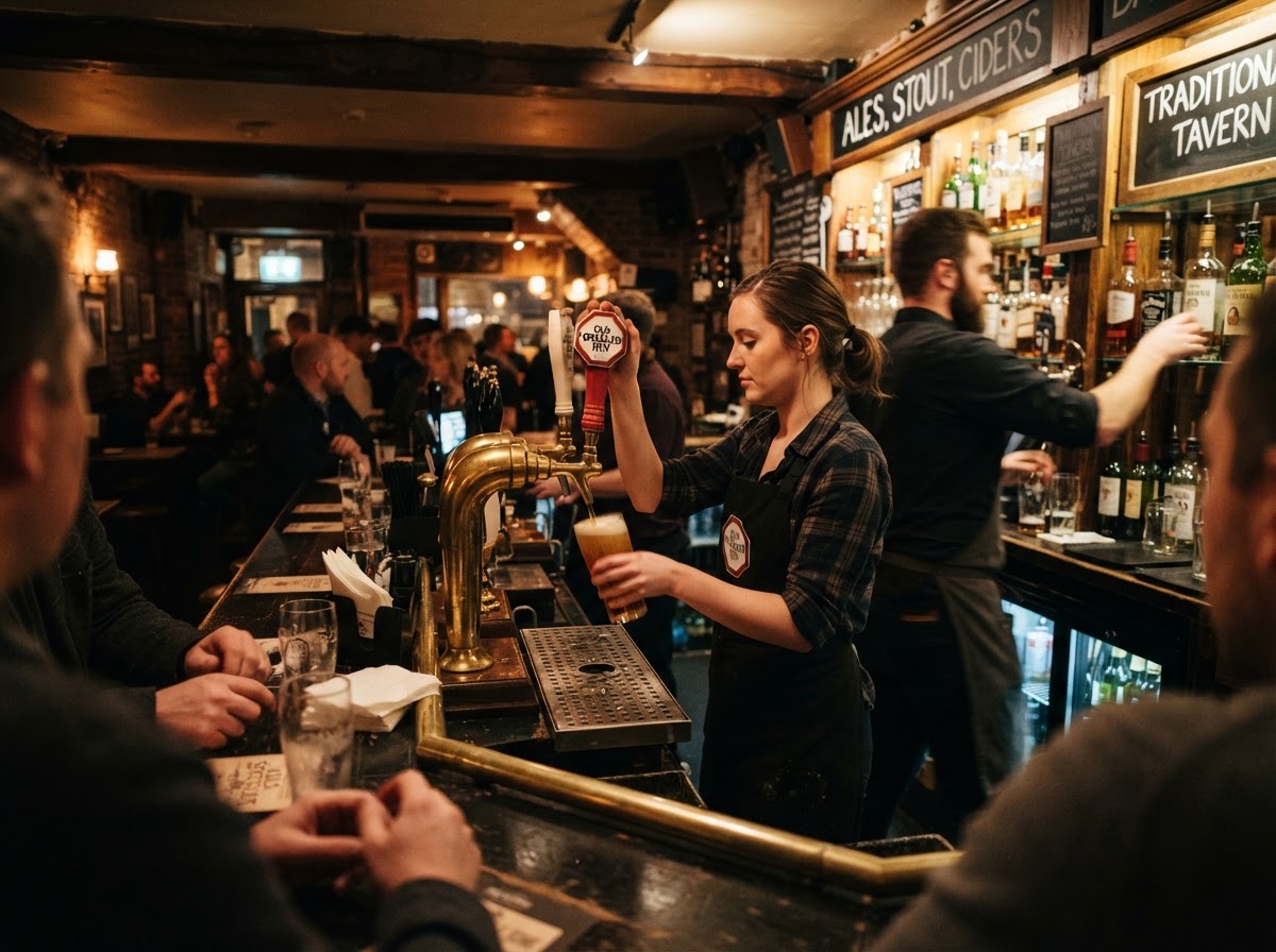 Tavern staff at work behind the bar pouring a draft