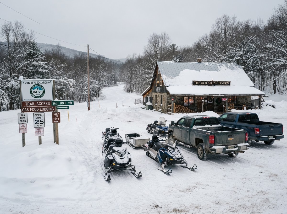 The Tavern exterior and East Main lot in snow, on the VAST trail