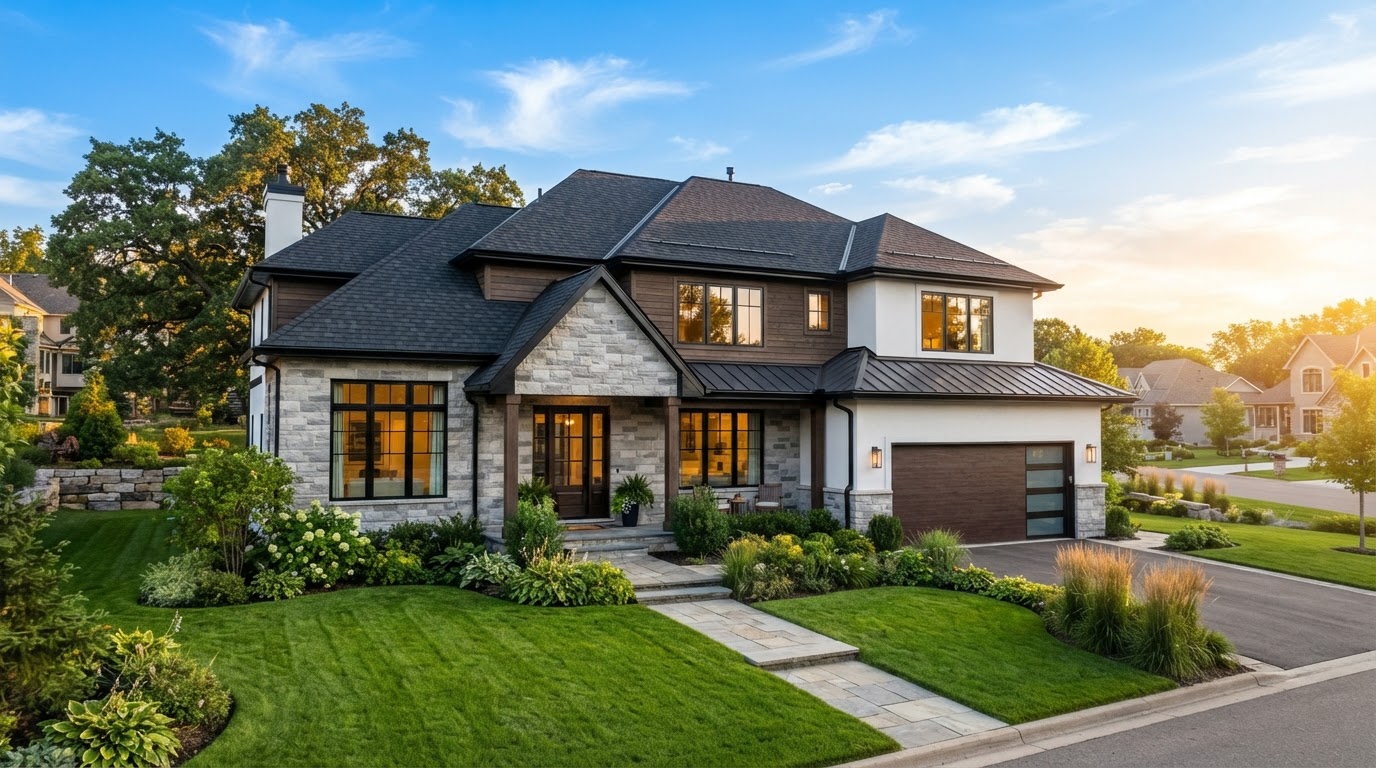 A home with a freshly installed Falcons Roofing architectural shingle roof under a clear blue sky