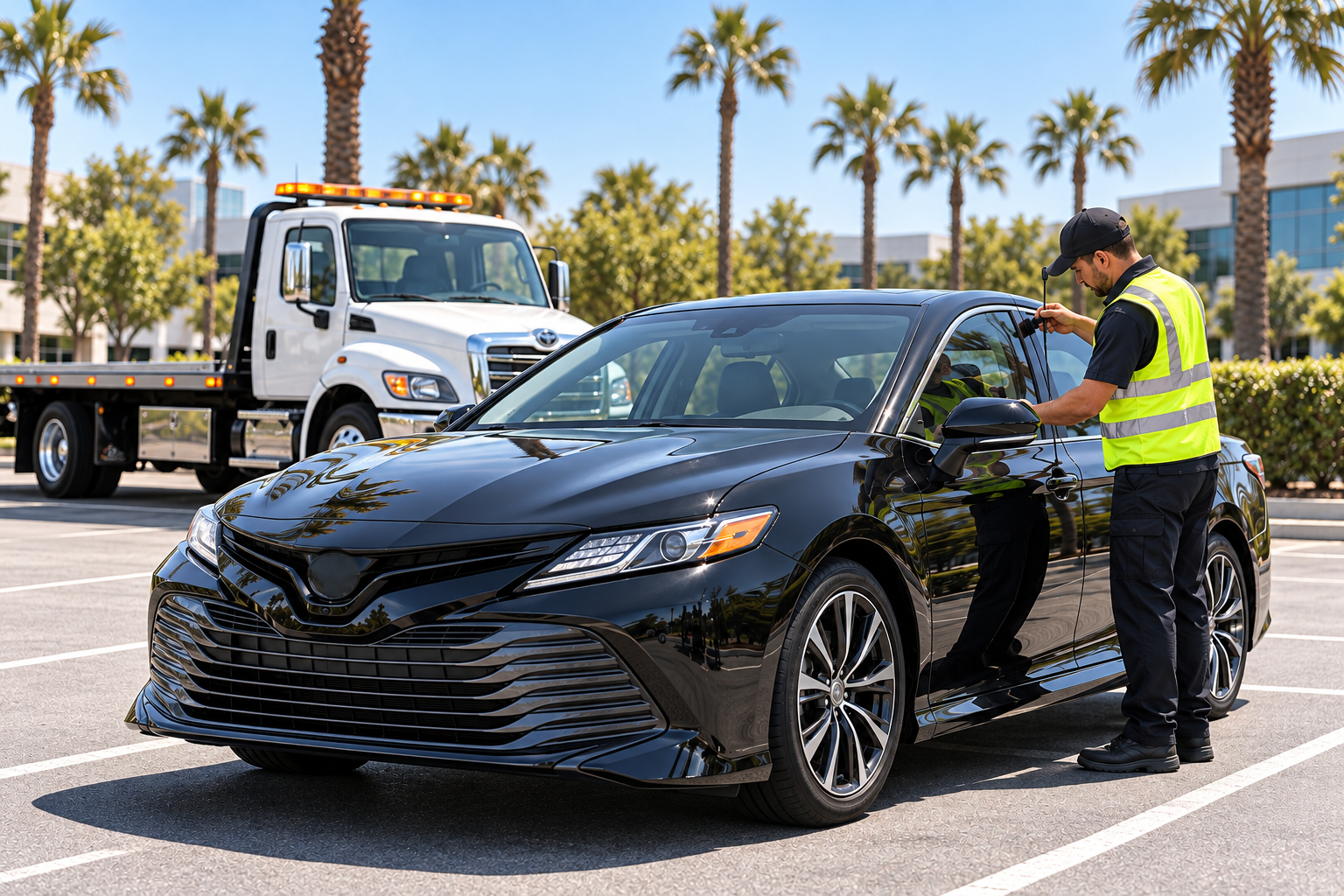Pure Towing roadside technician carefully unlocking vehicle door with professional lockout tools in parking lot next to flatbed tow truck
