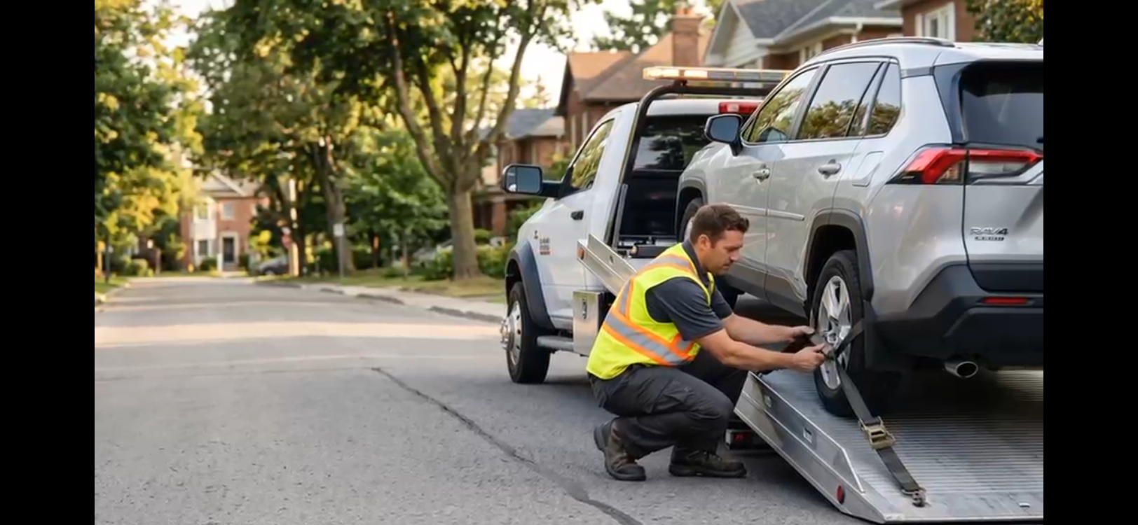 Pure Towing professional operator carefully securing transport wheel strap onto vehicle tire on flatbed rollback ramp
