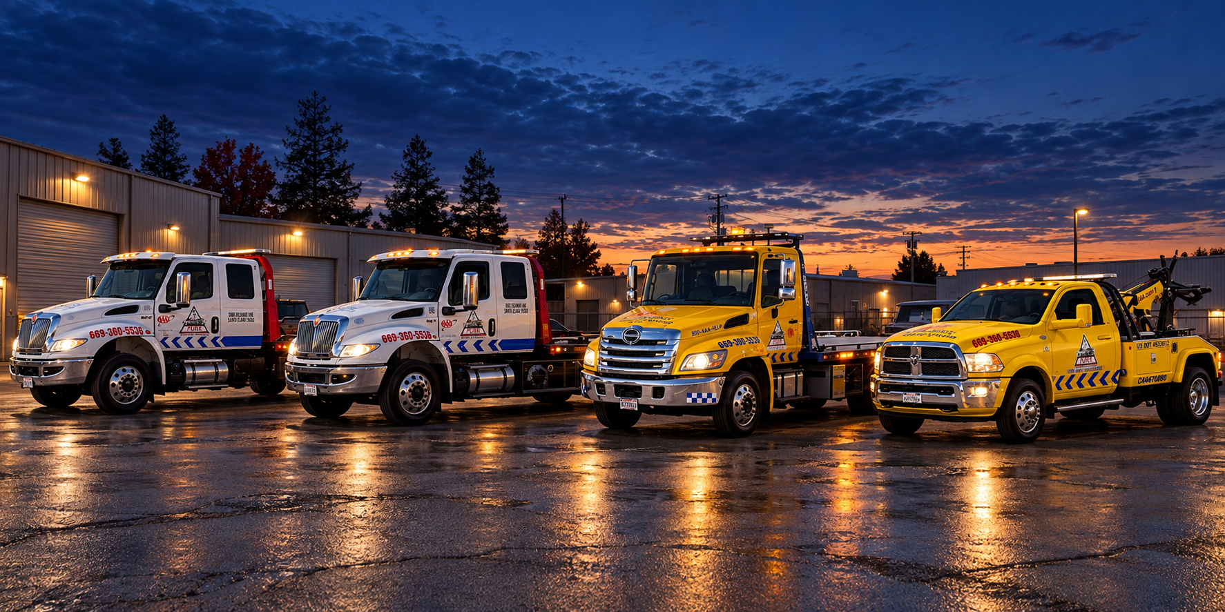 Pure Towing & Recovery fleet lined up at night with amber marker lights glowing, reflecting off the wet pavement at the Santa Clara yard
