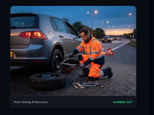 Roadside technician changing flat tire with lug wrench and spare wheel