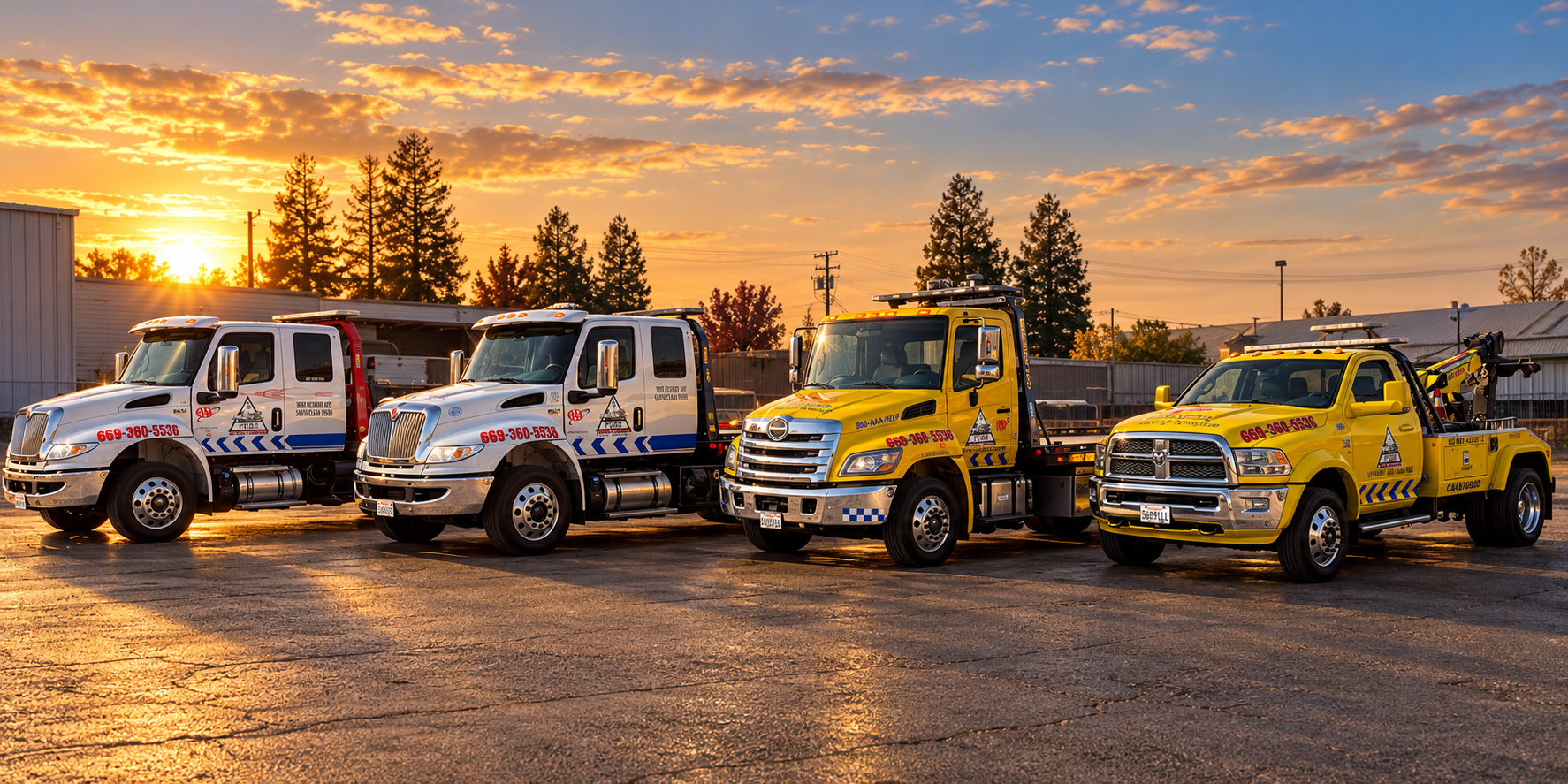 Pure Towing & Recovery commercial flatbed trucks and yellow wrecker lined up at sunset in yard with Pure logo and (669) 360-5536