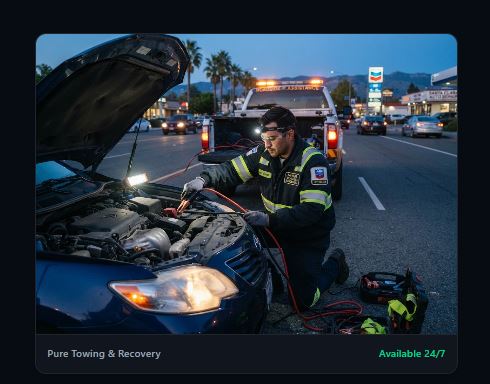 Roadside technician connecting booster cables to jumpstart dead car battery