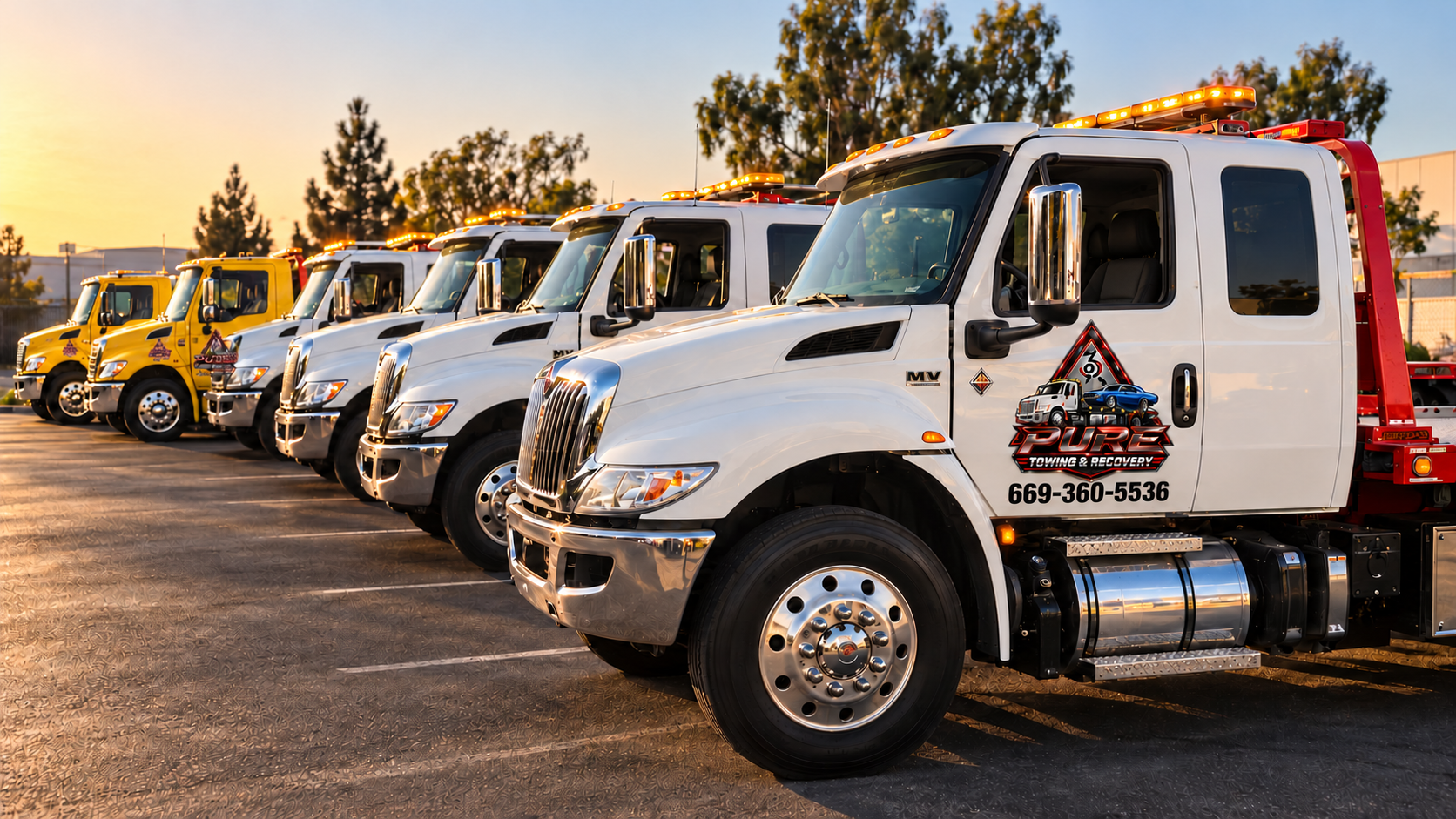 Pure Towing & Recovery heavy-duty commercial fleet lineup angled in yard with Pure door logo and (669) 360-5536 phone number
