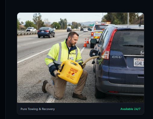 Roadside technician delivering gasoline to a vehicle on the highway