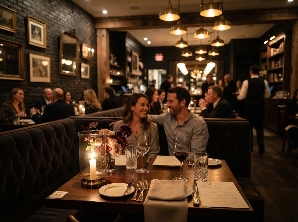 Intimate upscale restaurant dining room set with warm candlelight