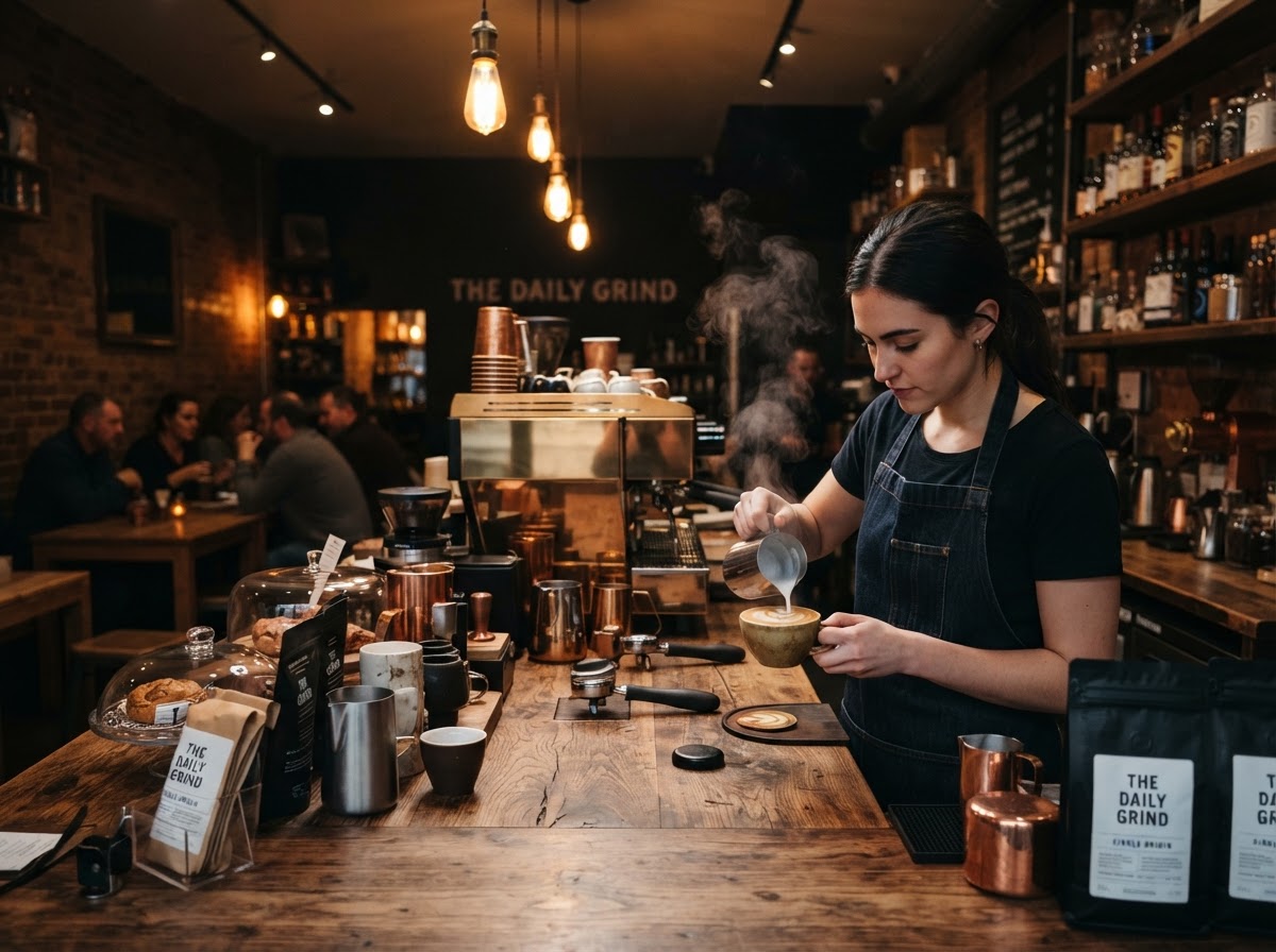 Warm, cozy artisanal coffee shop interior with a barista pouring latte art