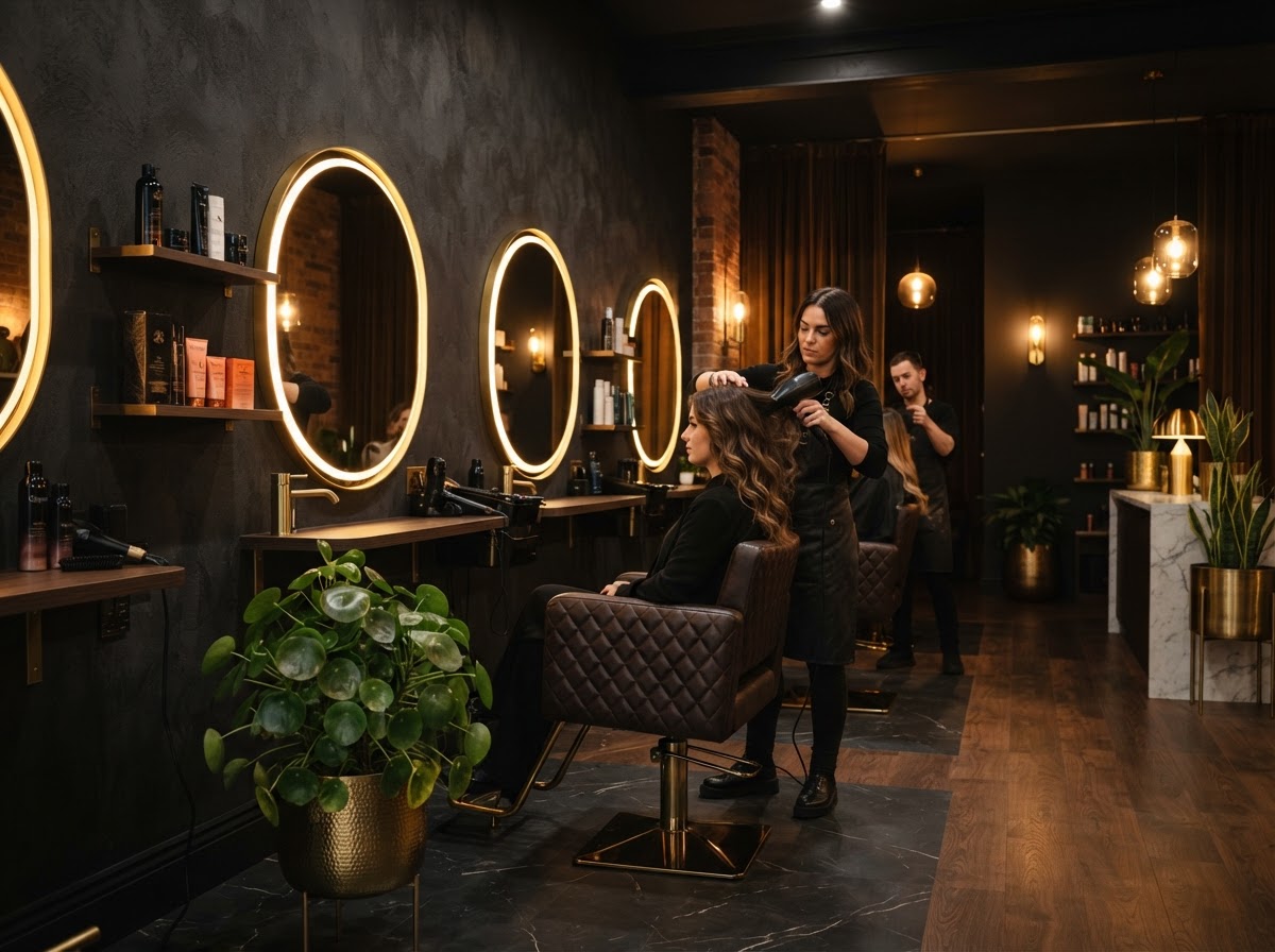 Modern luxury hair and beauty salon with elegant styling stations