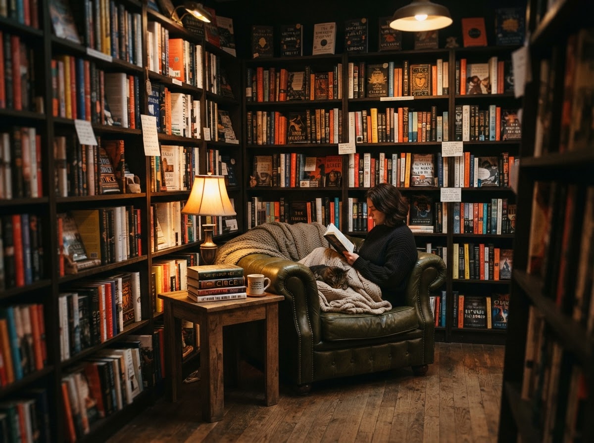 Charming independent bookstore with warm wooden shelves and a cozy reading nook