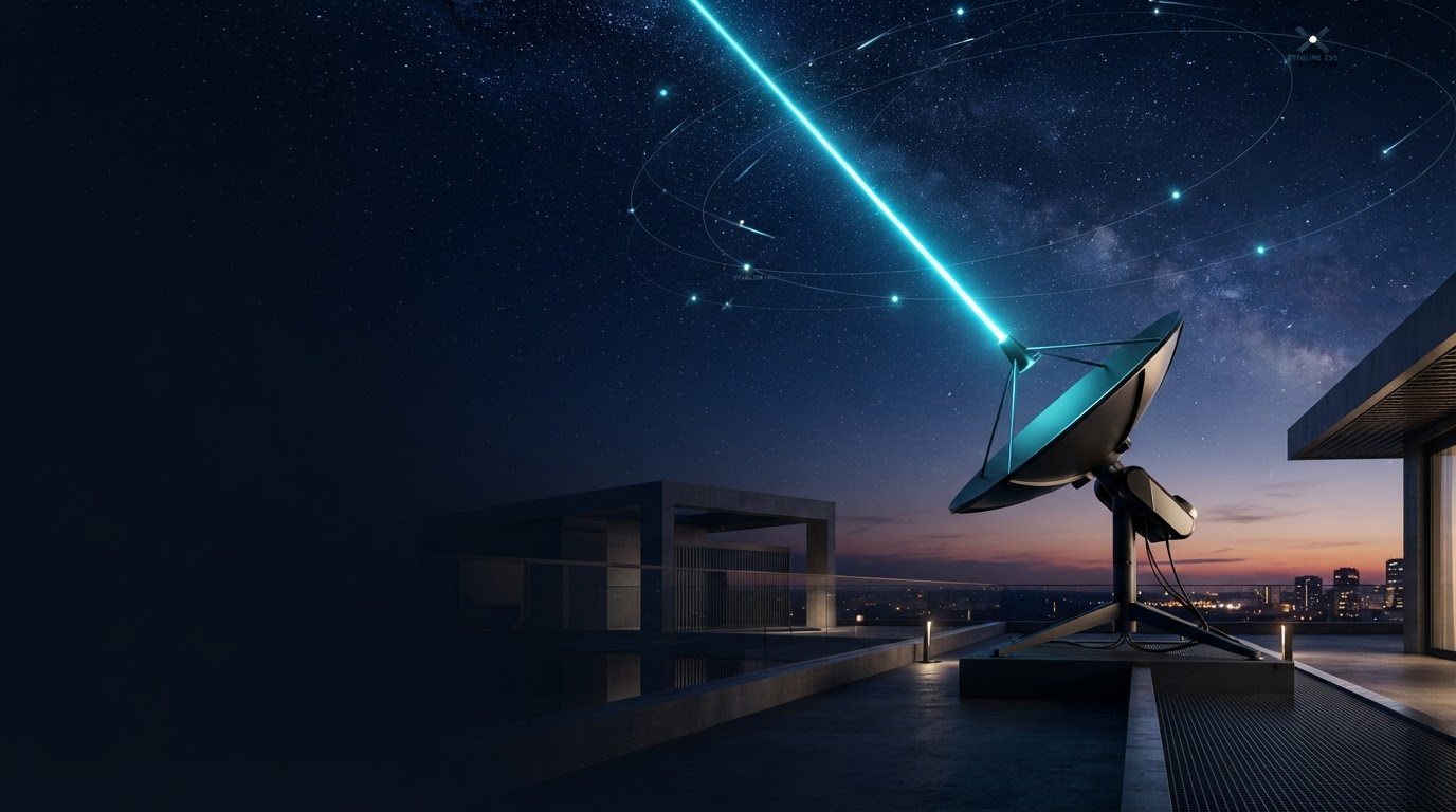 Starlink satellite dish beaming signal into a starry night sky
