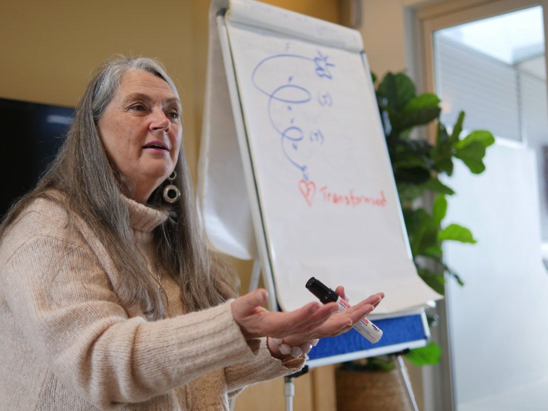 Shari teaching at a flip chart