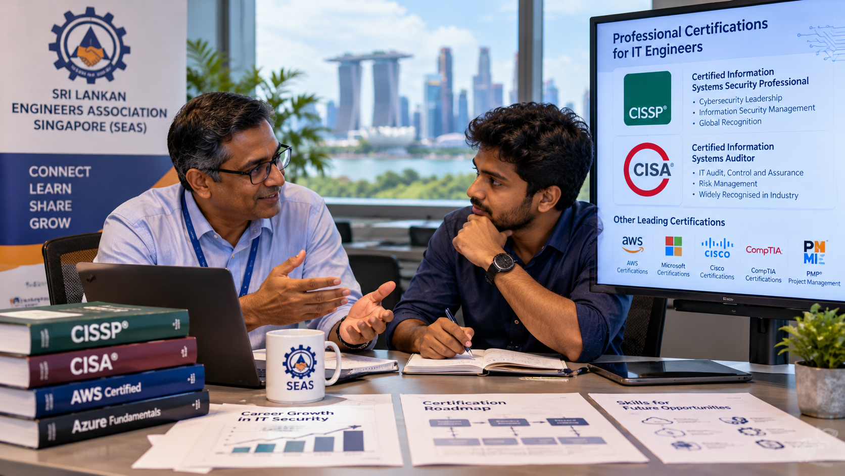An experienced engineer and an early-career engineer reviewing a technical drawing together at a desk
