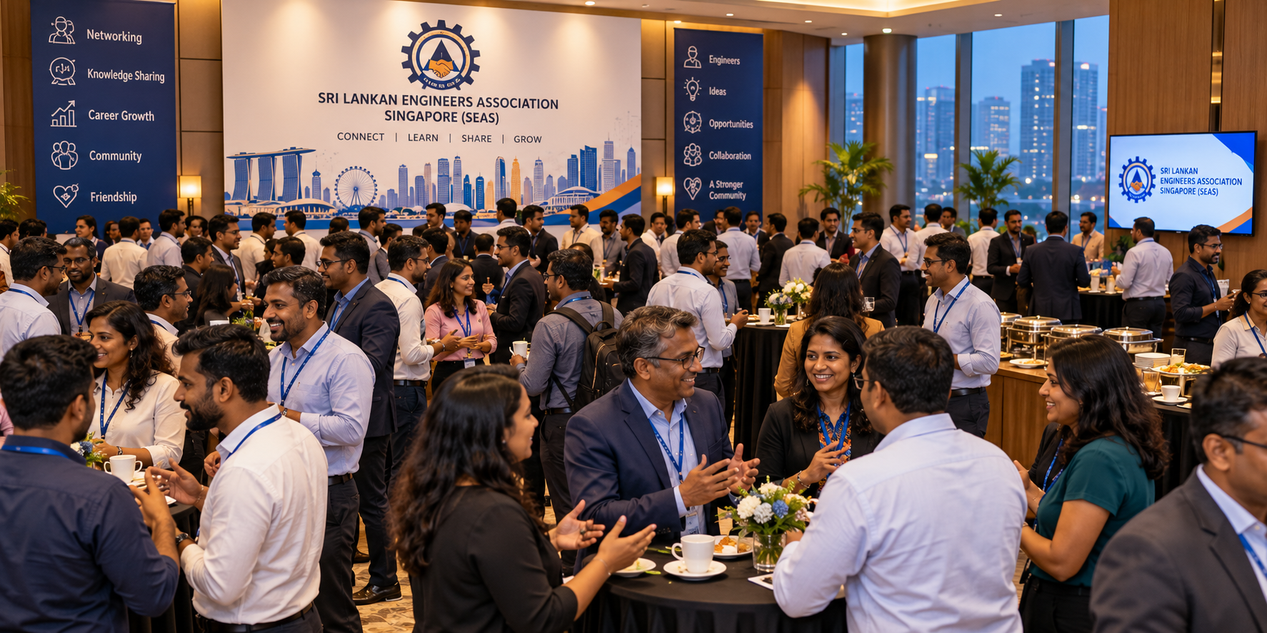 A small group of diverse engineering professionals talking in an informal networking setting