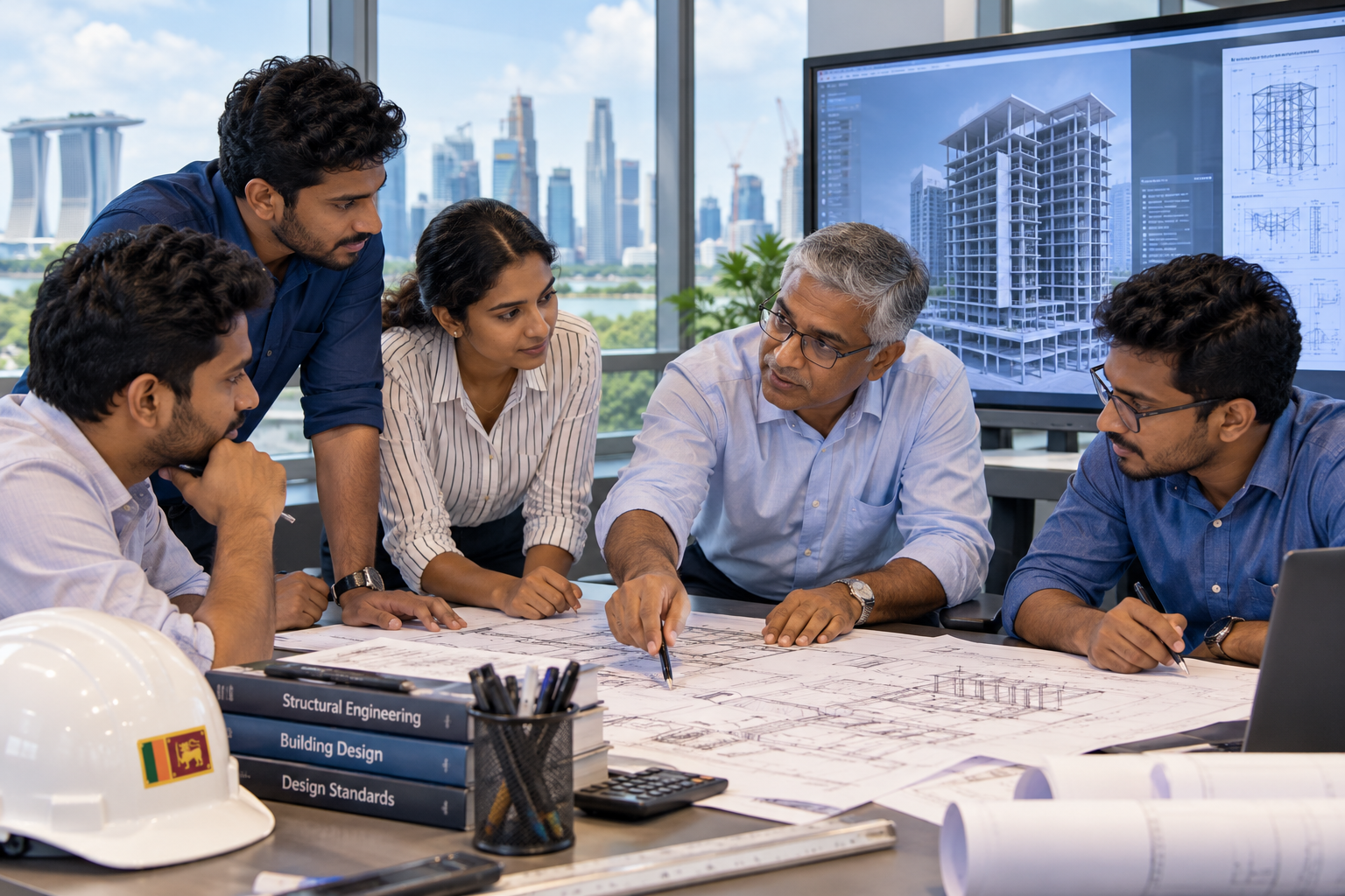 A small group of engineers discussing a technical drawing in a training room