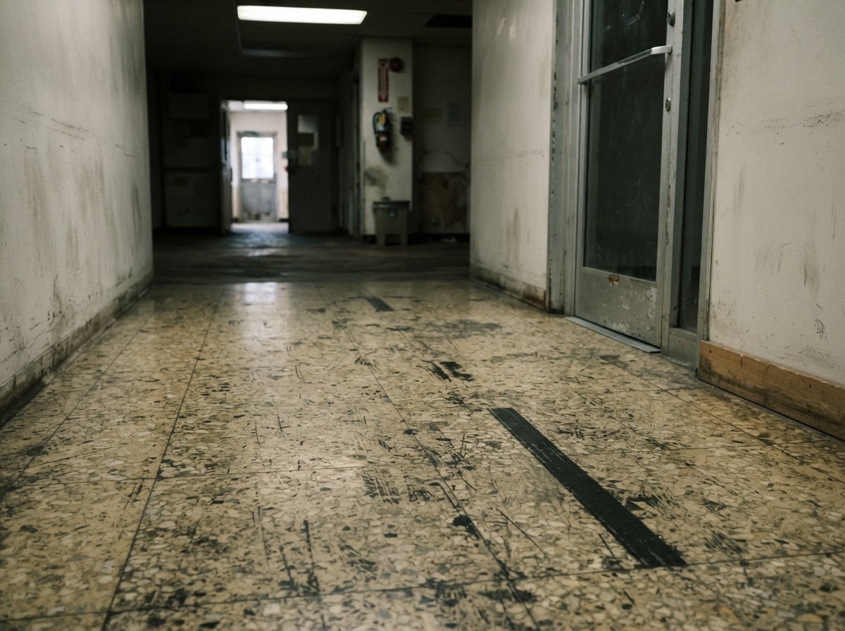 Terrazzo floor before restoration — dull and stained